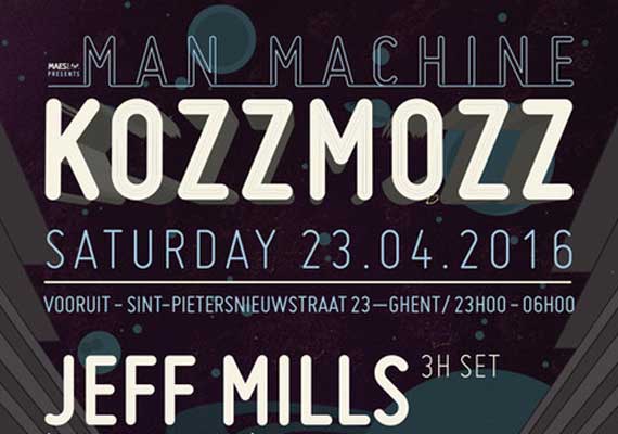 On Planet K, man and machine are rhythmically linked to each other. Jeff Mills, Head Front Panel, Kr!Z, Spacid at Kunstencemtrum Vooruit, Sint-Pietersnieuwstraat, 23 Ghent (Be) - 23/04/2016. More info: www.kozzmozz.com